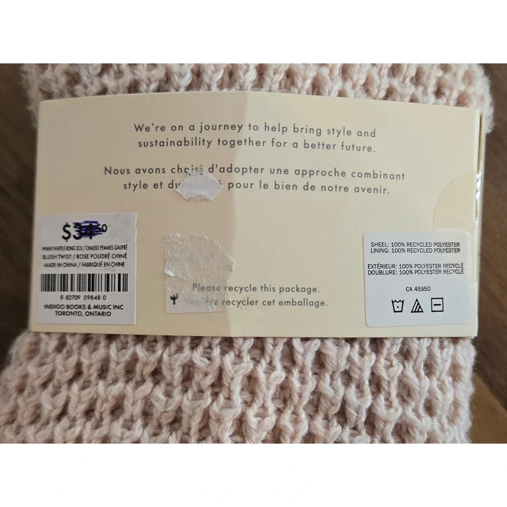 Indigo Reading Socks Blush Pink Waffle Knit Sherpa Lined‎ Recycled Materials NEW